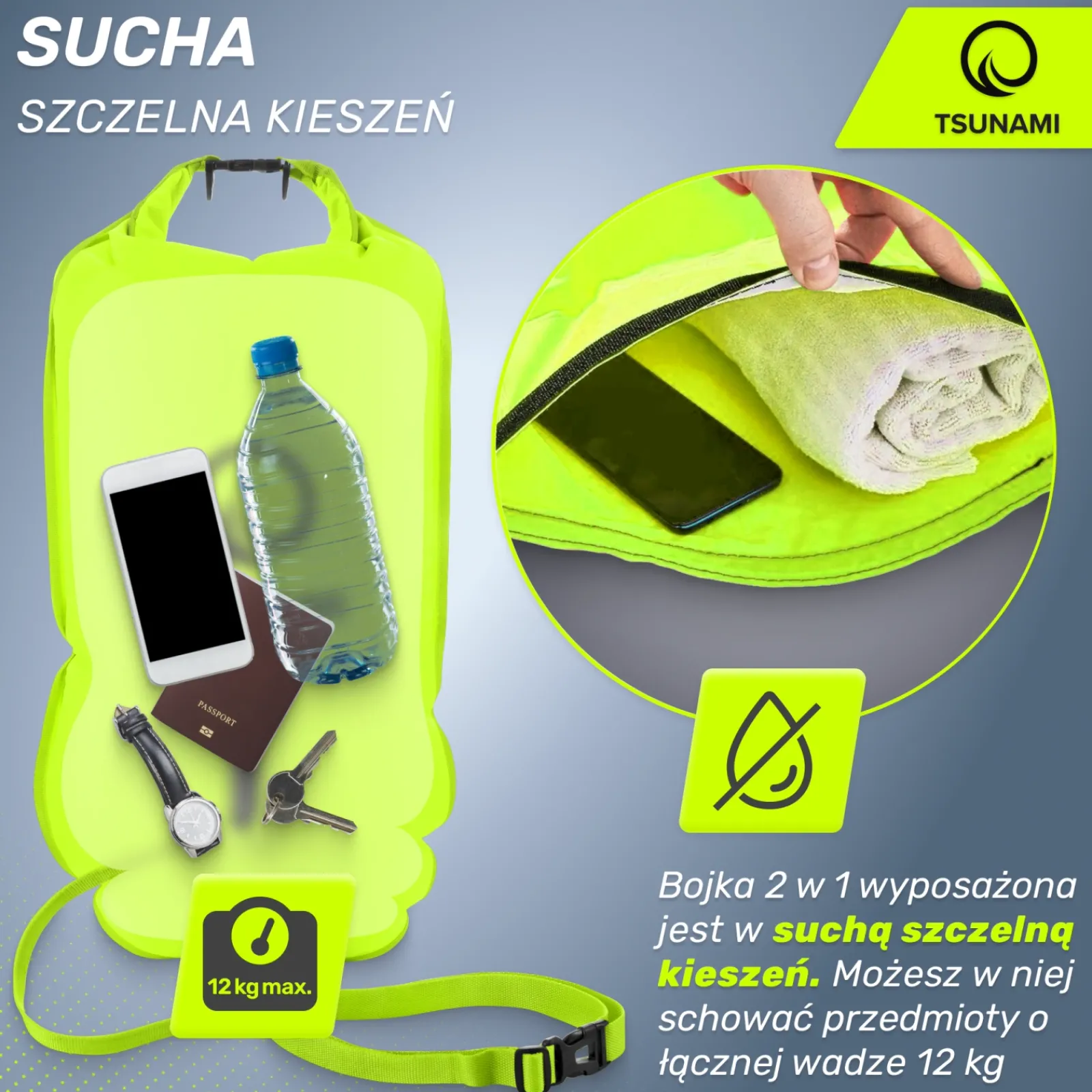 4FIZJO Bojka asekuracyjna do pływania z suchą kieszenią 2w1 TSUNAMI żółta Hot