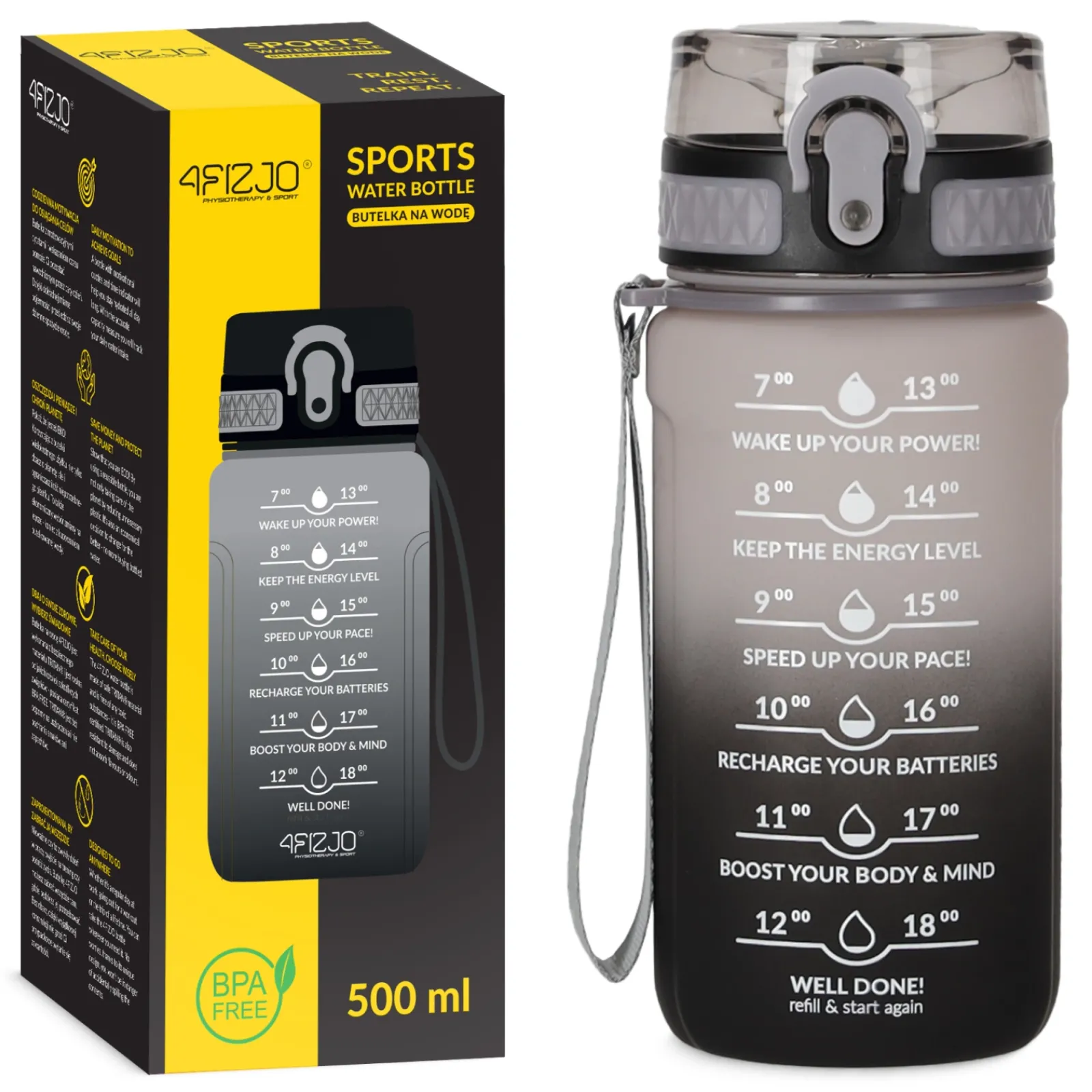 4FIZJO Butelka motywacyjna na wodę 0,5 L szara Czarny / Szary Outlet