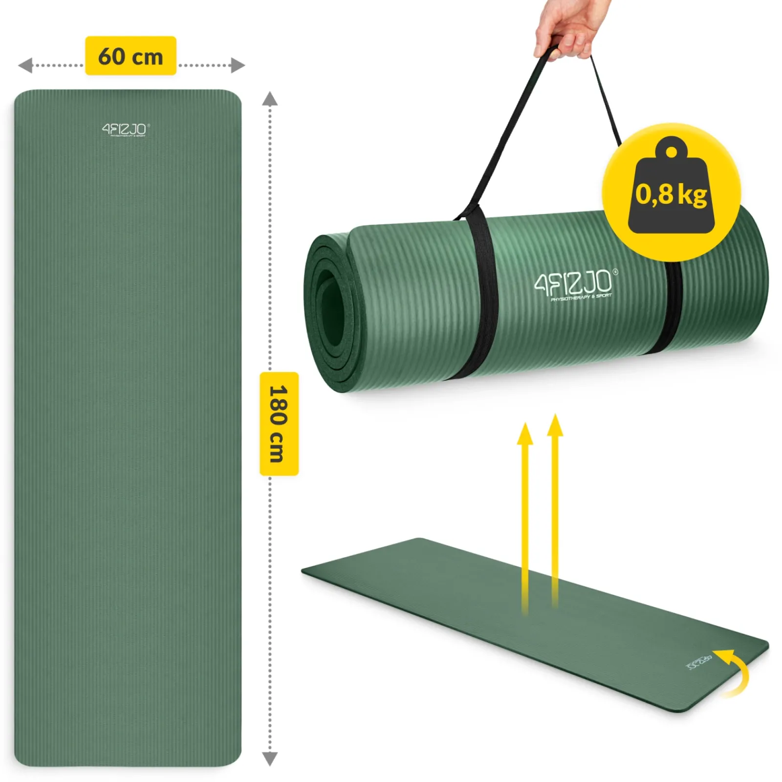 4FIZJO Mata do ćwiczeń fitness i jogi NBR 180 × 60 × 1,5 cm szałwiowa zieleń New