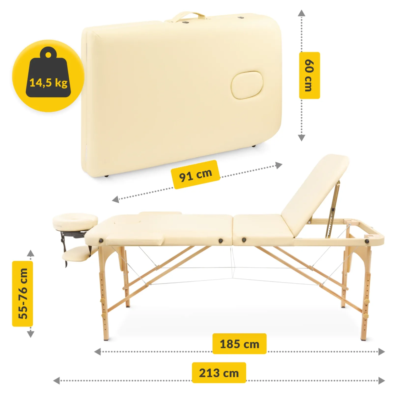 4FIZJO Stół do masażu drewniany z regulacją blatu 60 cm beżowy Hot